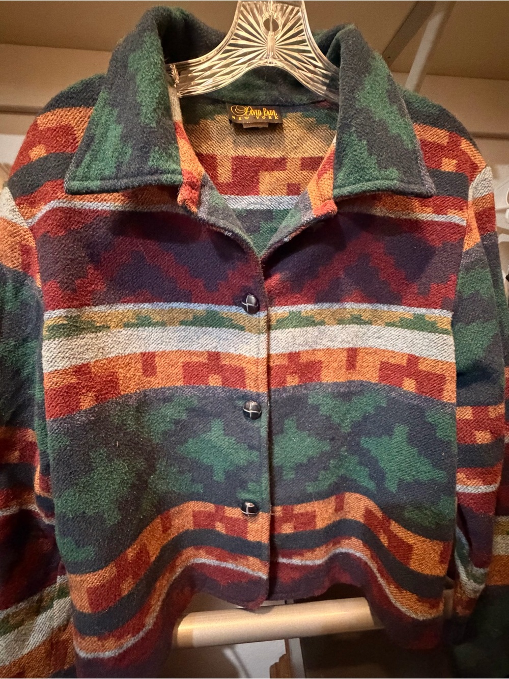 Pendleton-Inspired Multicolor Geometric Button-Front Women’s Jacket Sweater